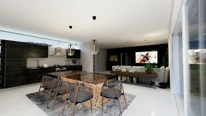 Sala da pranzo di una nuova casa con cucina moderna open space e TV maxi schermo